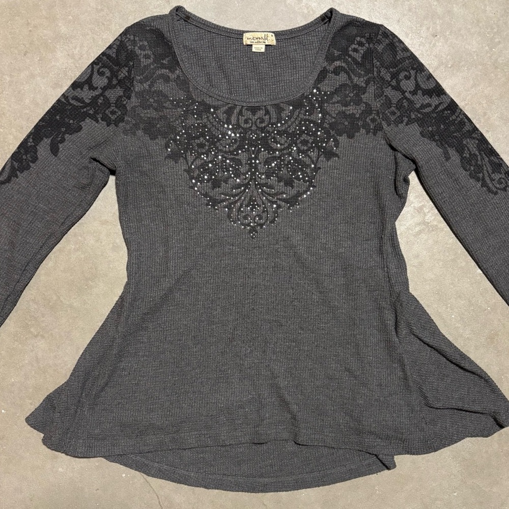 Y2K Rhinestones One World Blouse Top Women’s Medium 2000s Vintage Grunge Emo